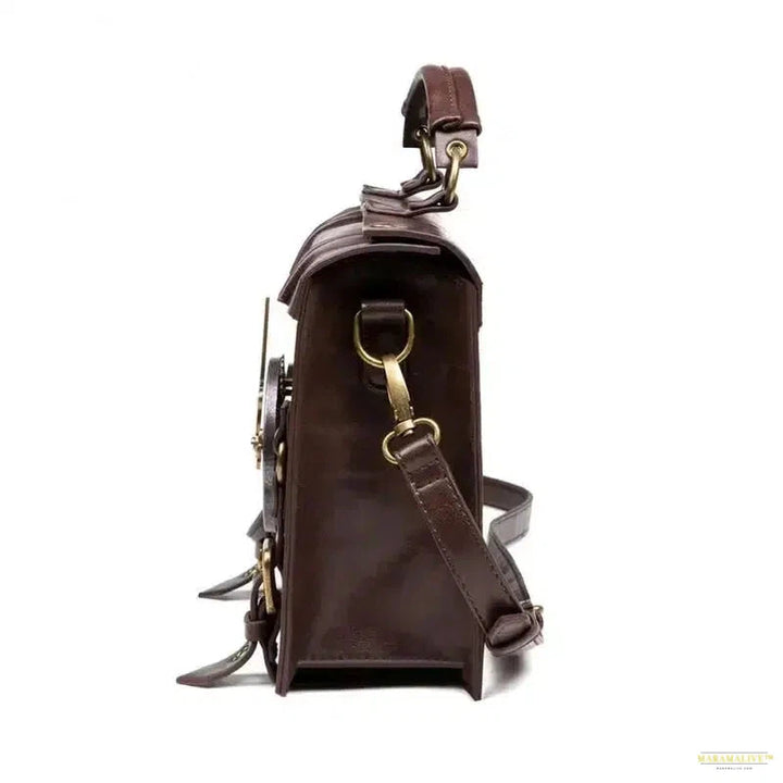 New Women Bag Steampunk Industrial Retro Single Shoulder Diagonal Bag Brown Clock Decoration Pu Faux Leather Backpack