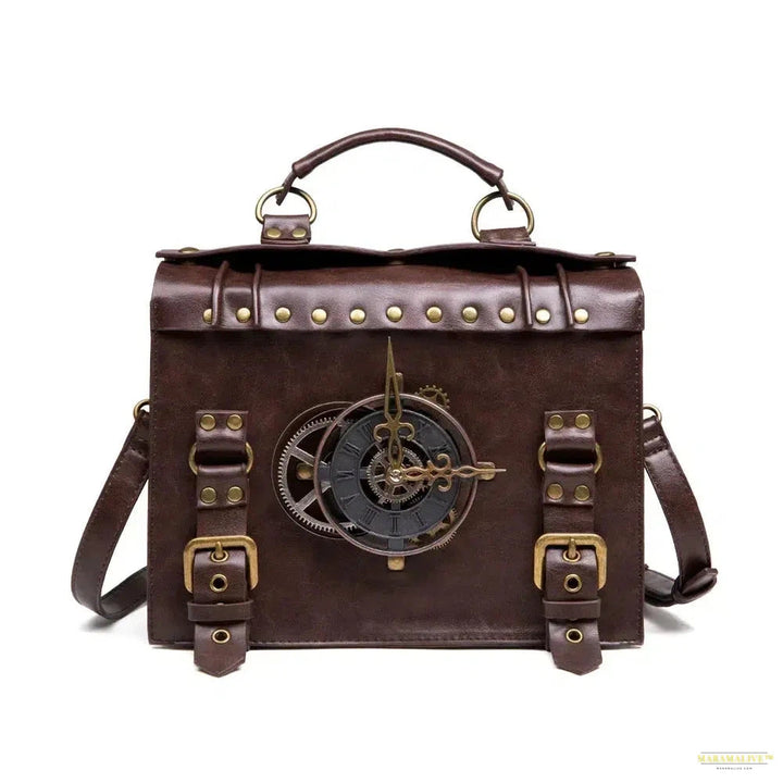 New Women Bag Steampunk Industrial Retro Single Shoulder Diagonal Bag Brown Clock Decoration Pu Faux Leather Backpack