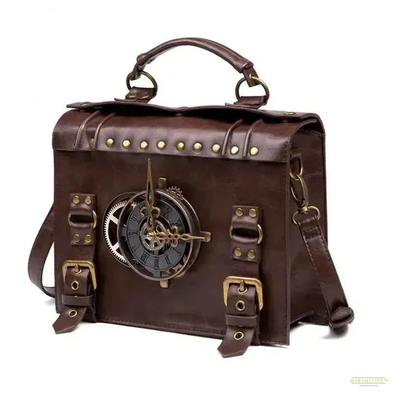 New Women Bag Steampunk Industrial Retro Single Shoulder Diagonal Bag Brown Clock Decoration Pu Faux Leather Backpack