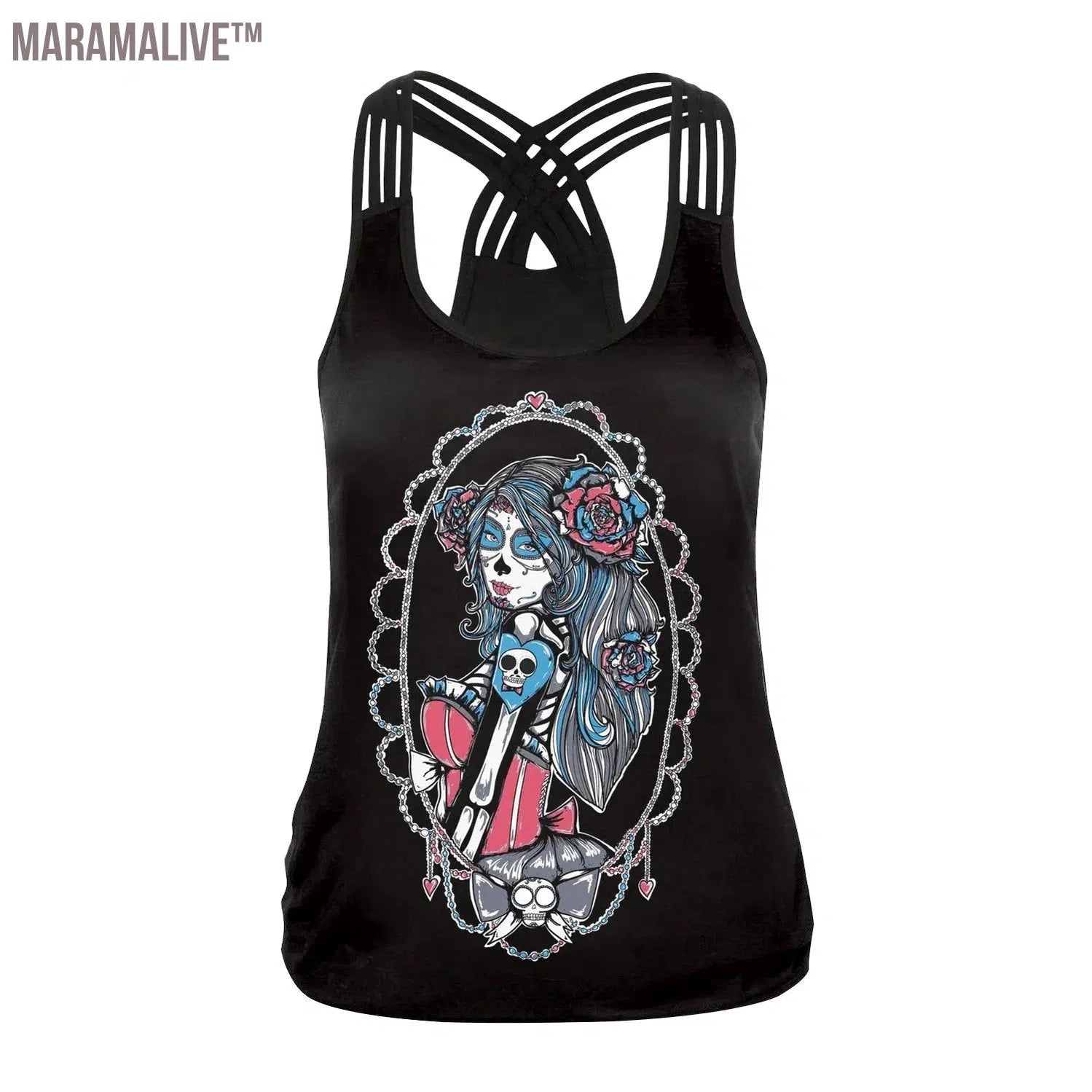 New Women Tops Fashion Halloween Graphic Tank Tops Gothic Camisole Cross Straps Sleeveless Vest Tshirt