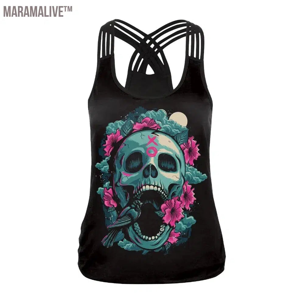 New Women Tops Fashion Halloween Graphic Tank Tops Gothic Camisole Cross Straps Sleeveless Vest Tshirt