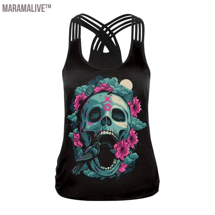 New Women Tops Fashion Halloween Graphic Tank Tops Gothic Camisole Cross Straps Sleeveless Vest Tshirt