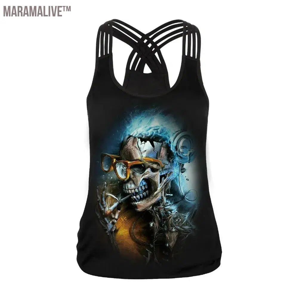 New Women Tops Fashion Halloween Graphic Tank Tops Gothic Camisole Cross Straps Sleeveless Vest Tshirt