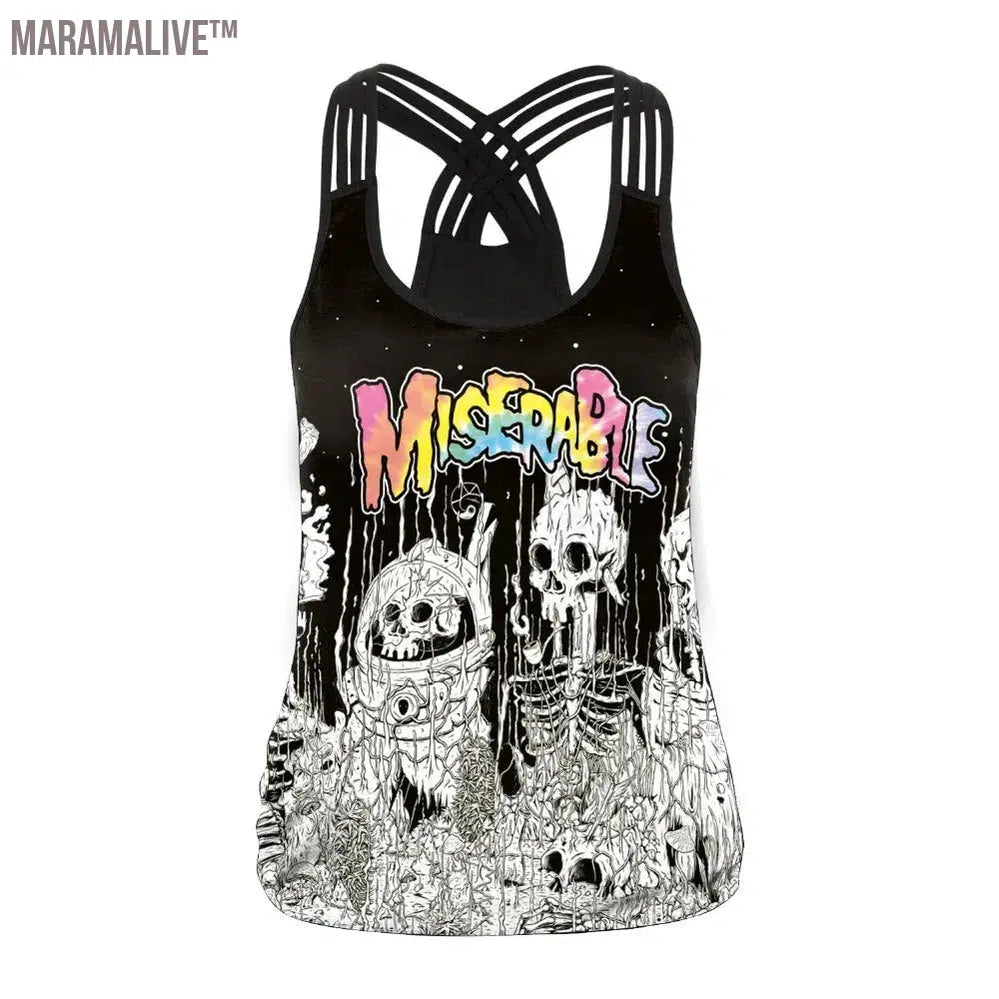 New Women Tops Fashion Halloween Graphic Tank Tops Gothic Camisole Cross Straps Sleeveless Vest Tshirt