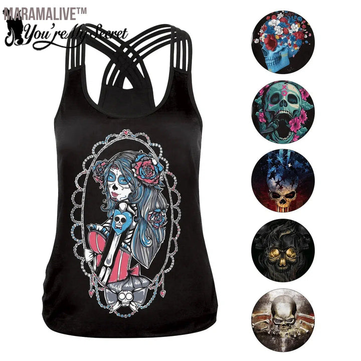 New Women Tops Fashion Halloween Graphic Tank Tops Gothic Camisole Cross Straps Sleeveless Vest Tshirt