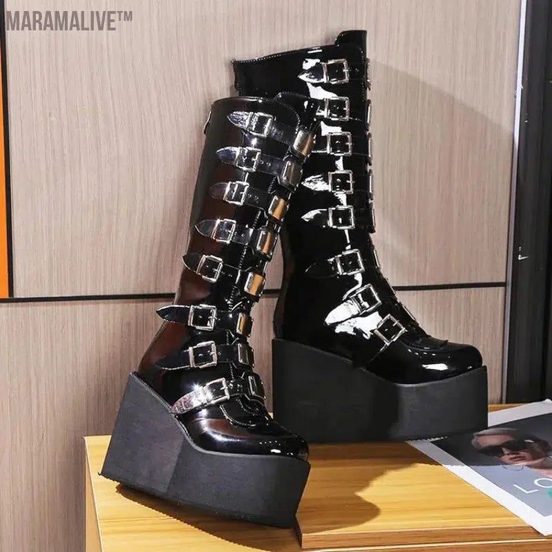 New Women's Cosplay Boots Multi-row Belt Buckle Long Tube Leather Knight Boot Punk Gothic Classic Black High Heel Shoe Knee-High