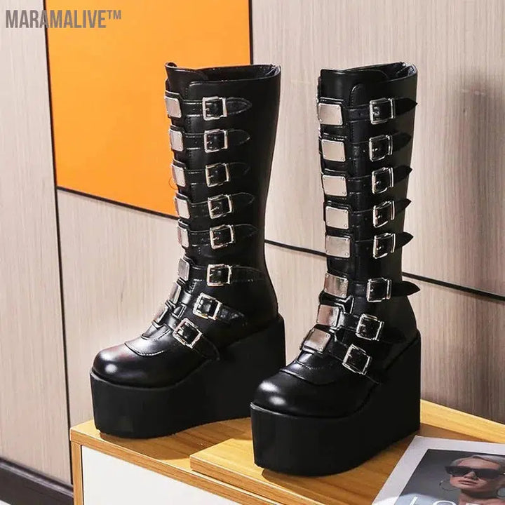 New Women's Cosplay Boots Multi-row Belt Buckle Long Tube Leather Knight Boot Punk Gothic Classic Black High Heel Shoe Knee-High