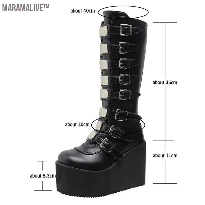 New Women's Cosplay Boots Multi-row Belt Buckle Long Tube Leather Knight Boot Punk Gothic Classic Black High Heel Shoe Knee-High