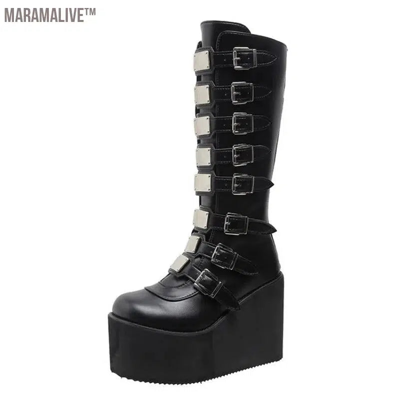 New Women's Cosplay Boots Multi-row Belt Buckle Long Tube Leather Knight Boot Punk Gothic Classic Black High Heel Shoe Knee-High