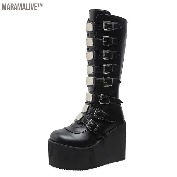 New Women's Cosplay Boots Multi-row Belt Buckle Long Tube Leather Knight Boot Punk Gothic Classic Black High Heel Shoe Knee-High