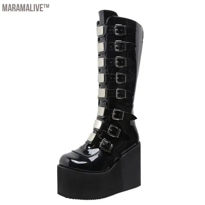 New Women's Cosplay Boots Multi-row Belt Buckle Long Tube Leather Knight Boot Punk Gothic Classic Black High Heel Shoe Knee-High