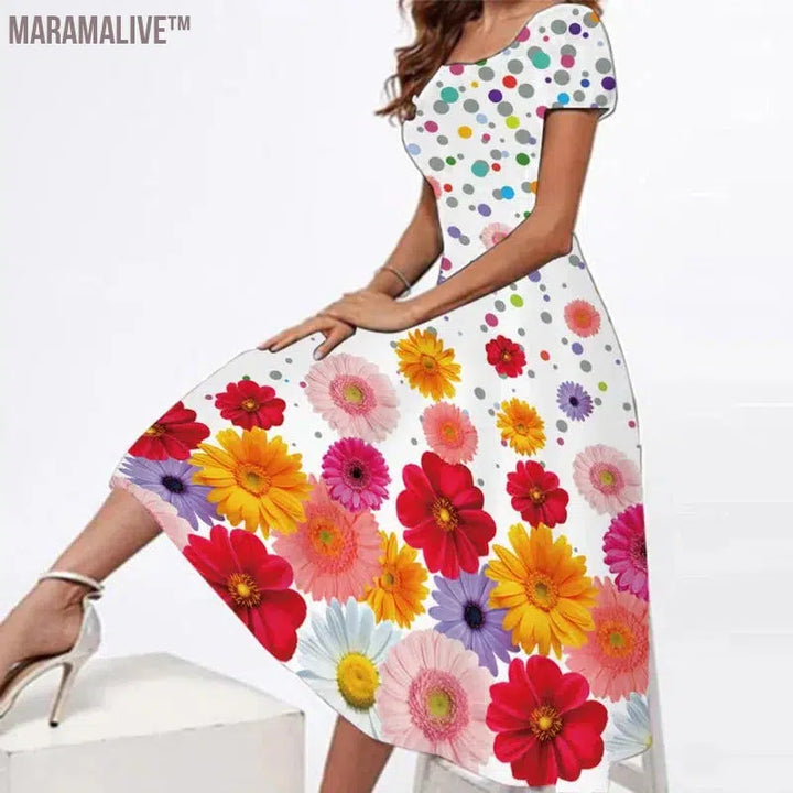 New Women's Square Collar plus Size Short Sleeve Printed Long Dress Positioning Printing La