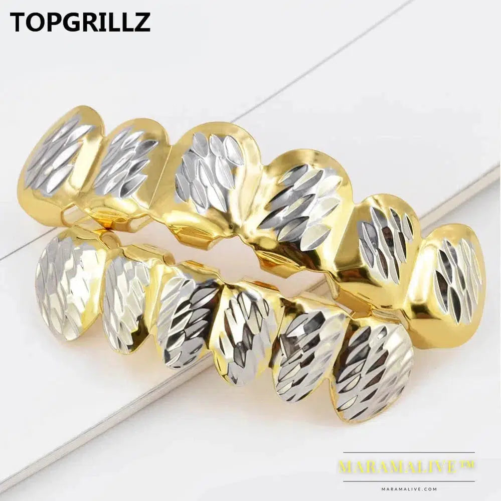 Newest Fit D - Cut 6 Tooth Gold Color Plated Top & Bottom Hip Hop GRILLZ SET for Halloween Christmas Party