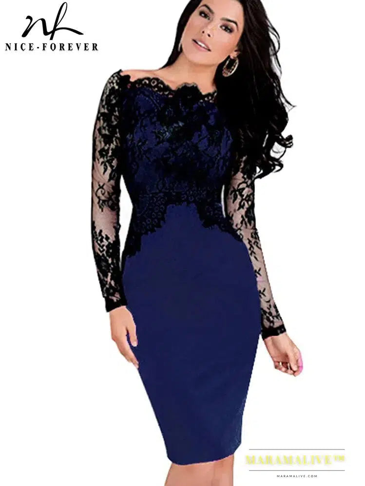 Nice-forever Off-Shoulder Gorgeous Vintage Dress Sexy Slash Neck Lace Top Long Sleeve Zipper Club wear Casual Pencil dress 803