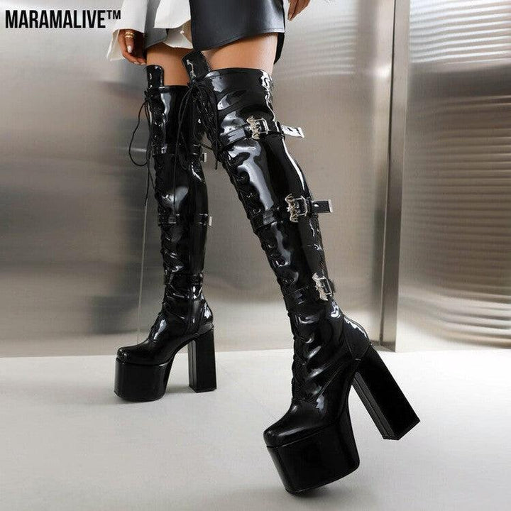 Night Club Lace-up Belt Buckle Over The Knee Boots