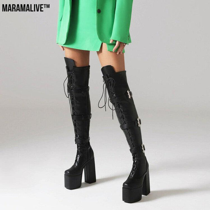 Night Club Lace-up Belt Buckle Over The Knee Boots