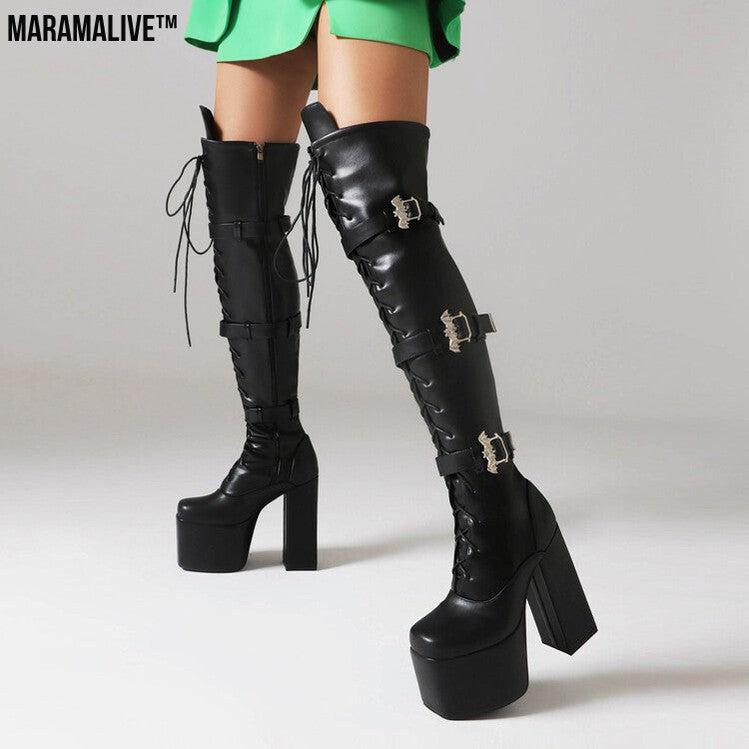 Night Club Lace-up Belt Buckle Over The Knee Boots