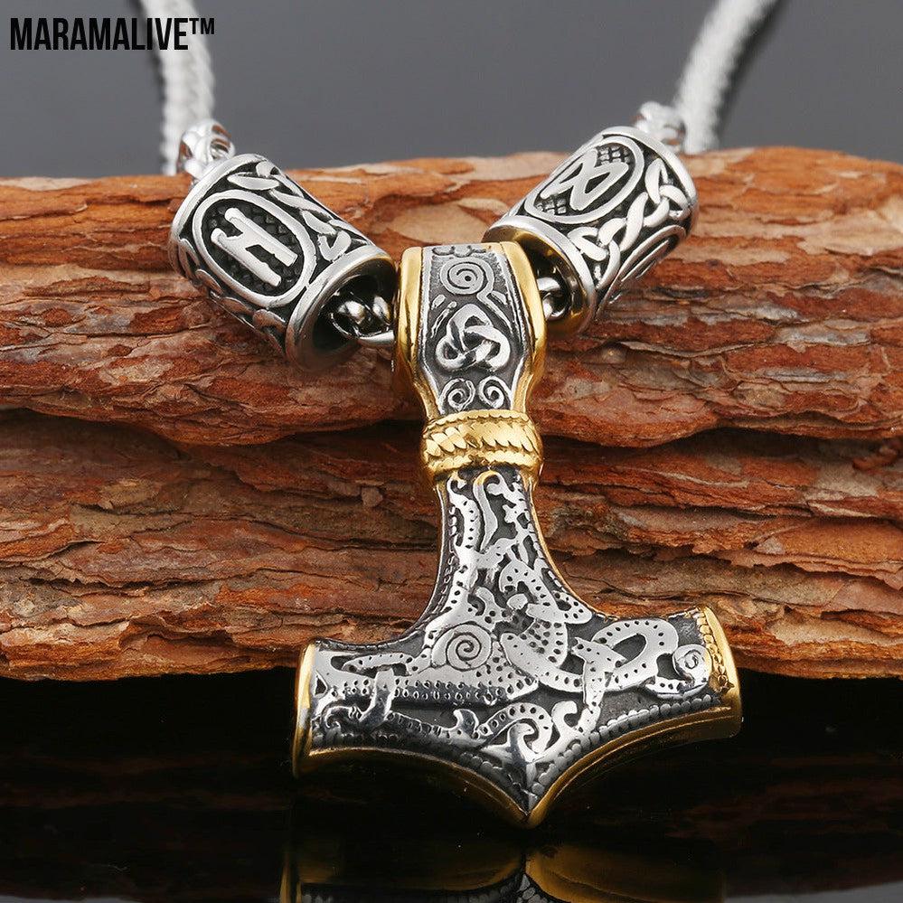 Nordic King Viking Aoding Rune Pendant | Stainless Steel Hammer necklace with Gold