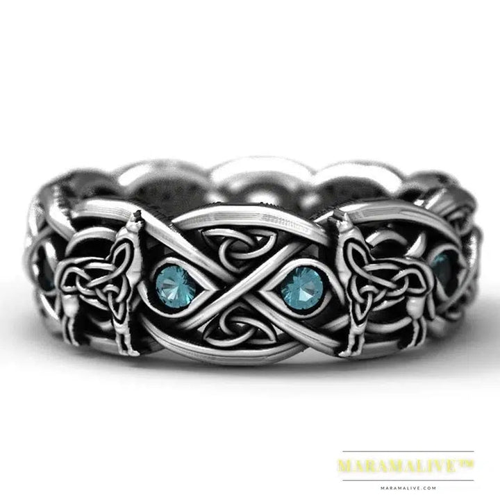 Nordic Mythology Giant Wolf Unisex Ring Sky Blue Stone Hip Hop Rock Men/Women Gift Punk Rings