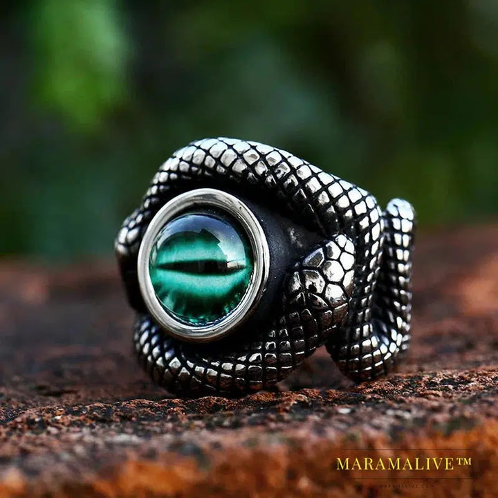 Norse Viking Amulet Snake Green Eyes Odin 's Symbol For Men Scandinavian Ring Jewelry