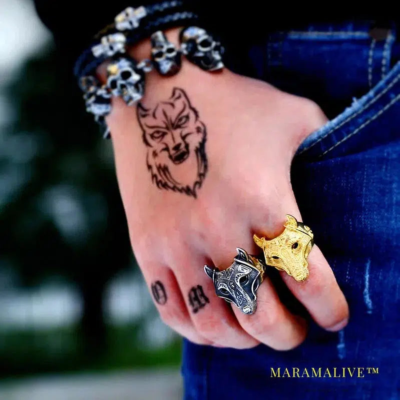 Norse Viking Nordic wolf Head men Amulet Odin 's Symbol rune ring fashion jewelry