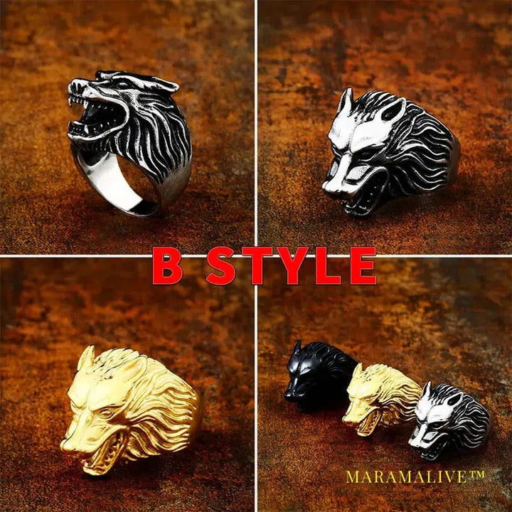 Norse Viking Nordic wolf Head men Amulet Odin 's Symbol rune ring fashion jewelry