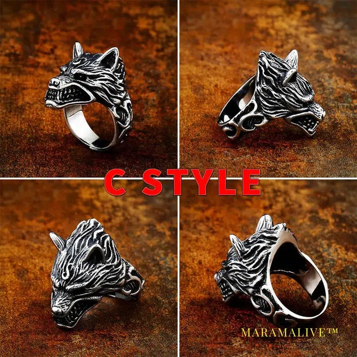 Norse Viking Nordic wolf Head men Amulet Odin 's Symbol rune ring fashion jewelry