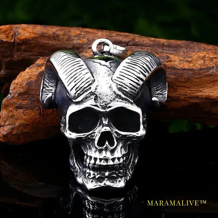 Norse Vikings Pendant Necklace Satan Sheep head with green stone Animal Jewelry for man Chain