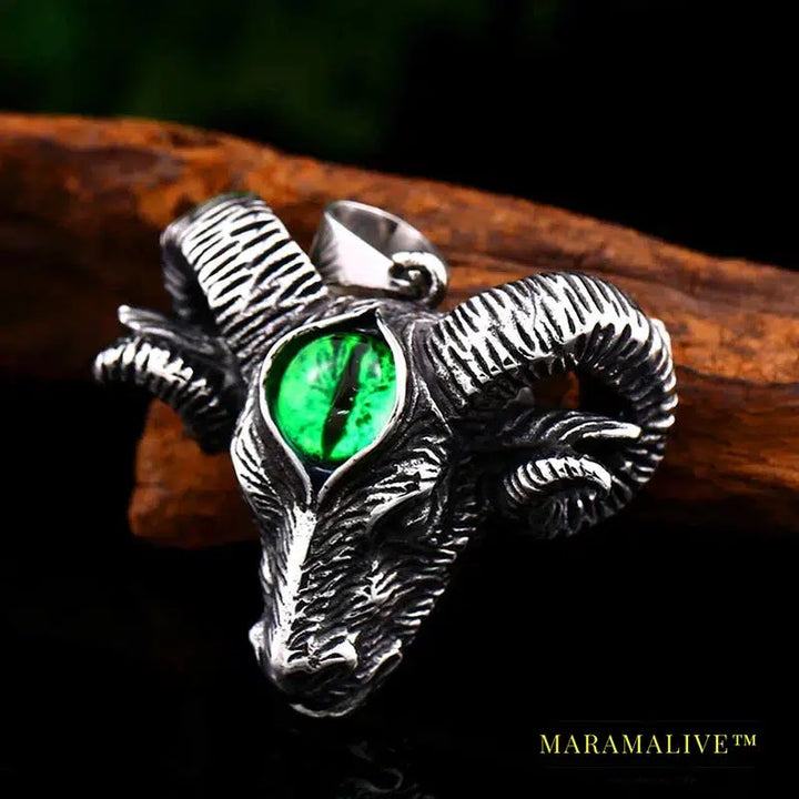 Norse Vikings Pendant Necklace Satan Sheep head with green stone Animal Jewelry for man Chain