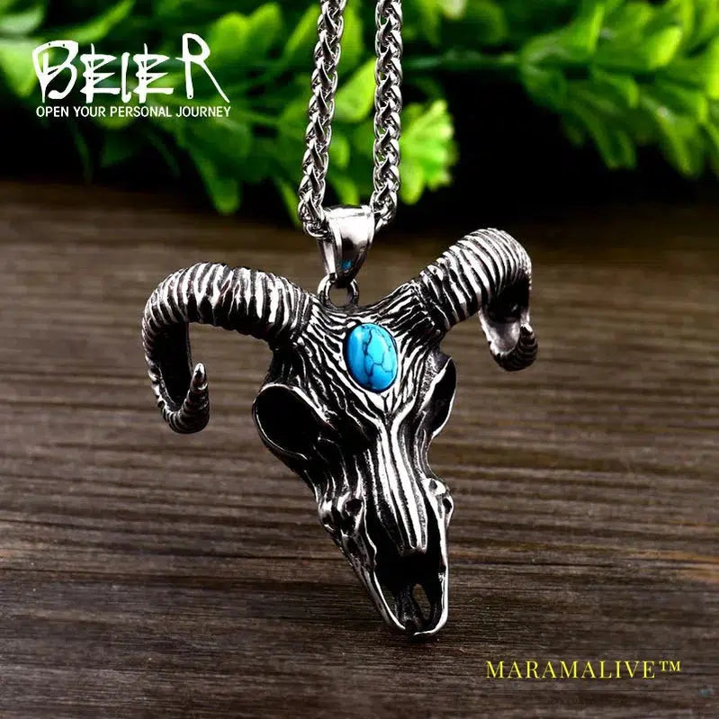 Norse Vikings Pendant Necklace Satan Sheep head with green stone Animal Jewelry for man Chain