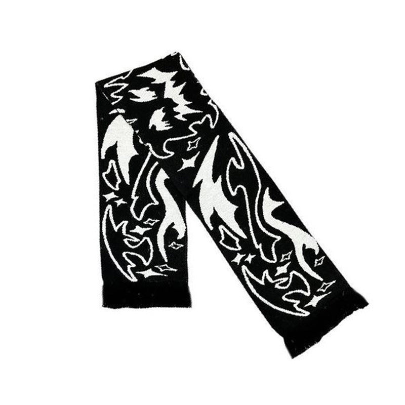European And American Scarf Autumn And Winter New Dark Style Fire Element by Maramalive™ features a black scarf with white abstract pattern, highlighting swirling lines and shapes. Crafted from soft viscose fiber, this stylish winter accessory will keep you warm during chilly seasons.