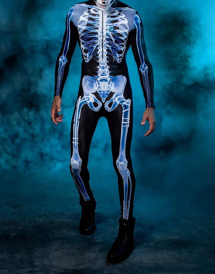 Person wearing a black spandex performance suit with a white skeleton print, standing against a smoky blue background. Available in children and adult sizes, the Maramalive™ Halloween New Tights 3D Digital Printing One-piece Play Costume blends street fashion with spooky style.