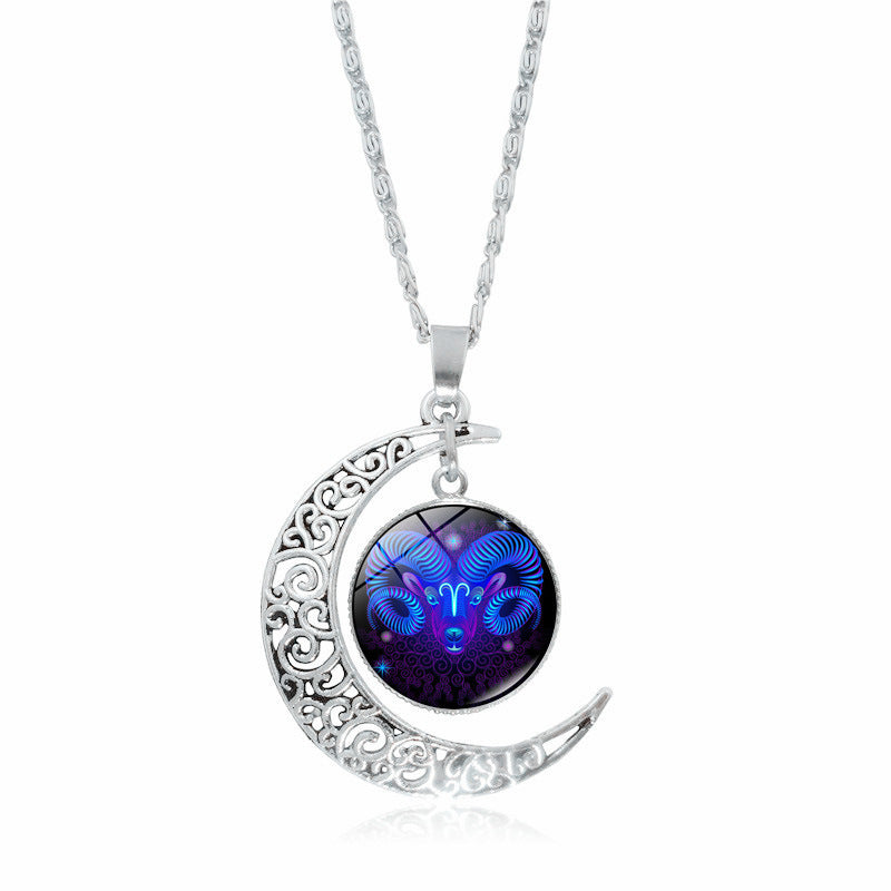 Zodiac Time Stone Moon Glass Pendant | Constellation gem Necklace Aries