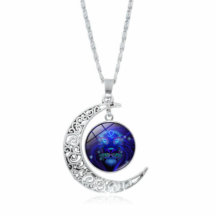 Zodiac Time Stone Moon Glass Pendant | Constellation gem Necklace Leo