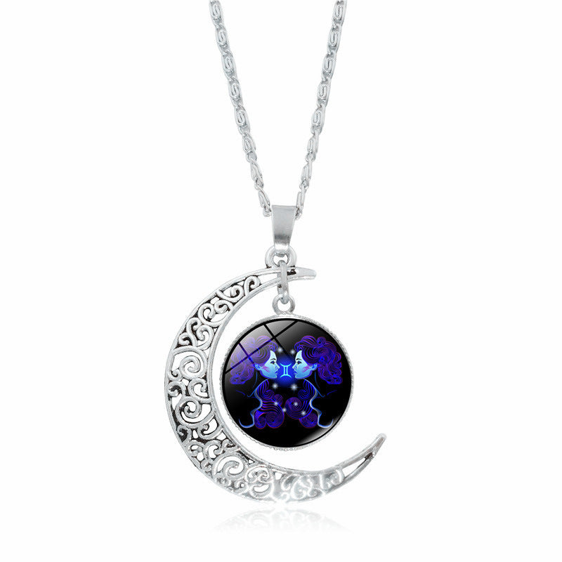 Zodiac Time Stone Moon Glass Pendant | Constellation gem Necklace Gemini