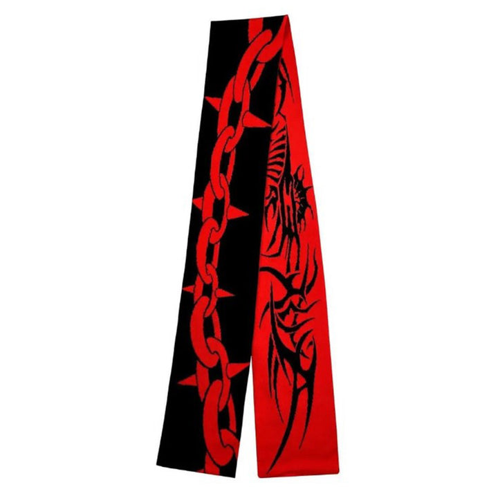 A black and red scarf featuring a chain pattern on one side and a tribal design on the other, the Maramalive™ European And American Scarf Autumn And Winter New Dark Style Fire Element crafted from viscose fiber is perfect to keep you warm.