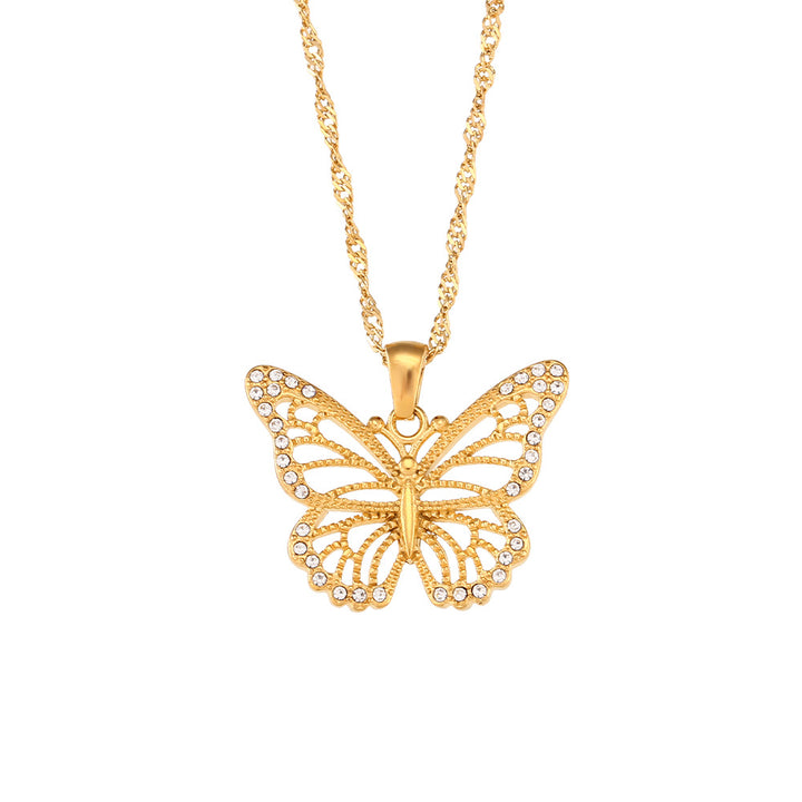 A woman wearing a Fashion Simple Animal All-match Pendant Jewelry Women necklace with a butterfly on it, from the brand Maramalive™.