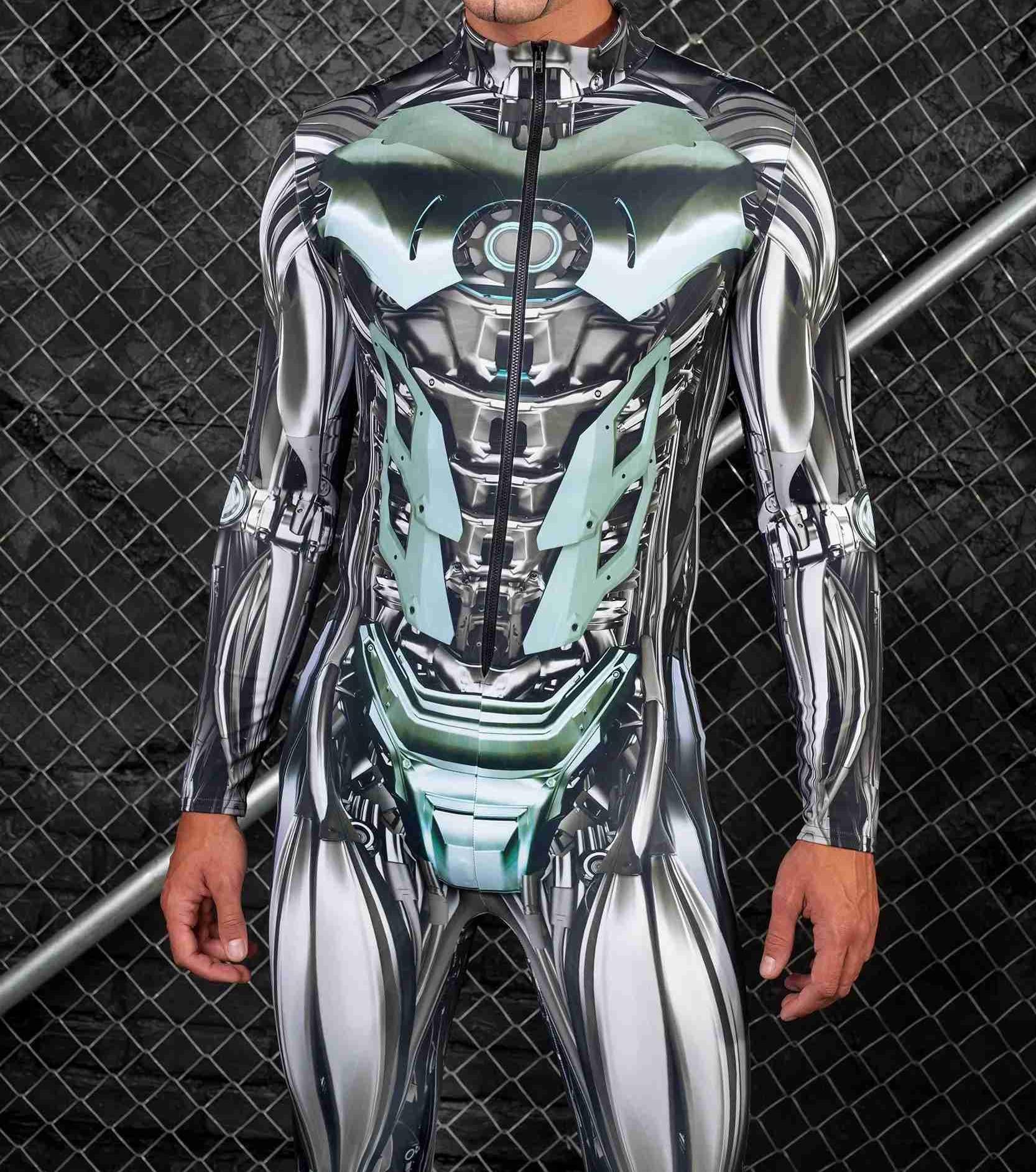 A person wearing a Maramalive™ Halloween New Tights 3D Digital Printing One-piece Play Costume stands in front of a chain-link fence, blending street fashion with futuristic flair.