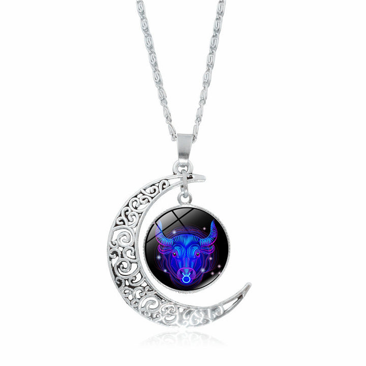 Zodiac Time Stone Moon Glass Pendant | Constellation gem Necklace Taurus
