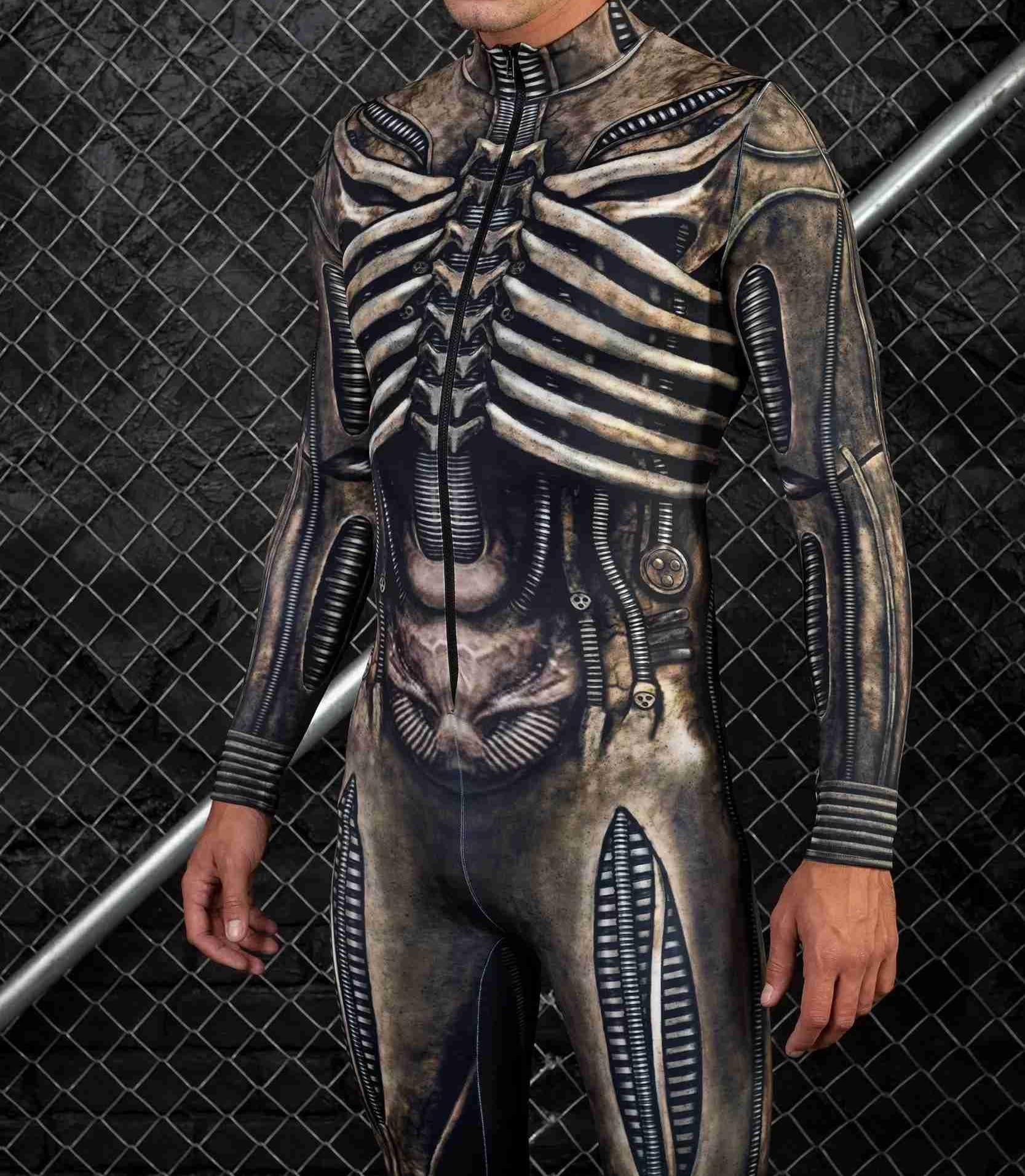A person clad in a Maramalive™ Halloween New Tights 3D Digital Printing One-piece Play Costume with a detailed biomechanical design stands confidently in front of a chain-link fence, capturing the essence of street fashion. Available in children and adult sizes, this ensemble merges futuristic style with everyday urban flair.