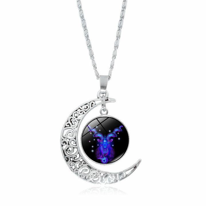 Zodiac Time Stone Moon Glass Pendant | Constellation gem Necklace Capricorn