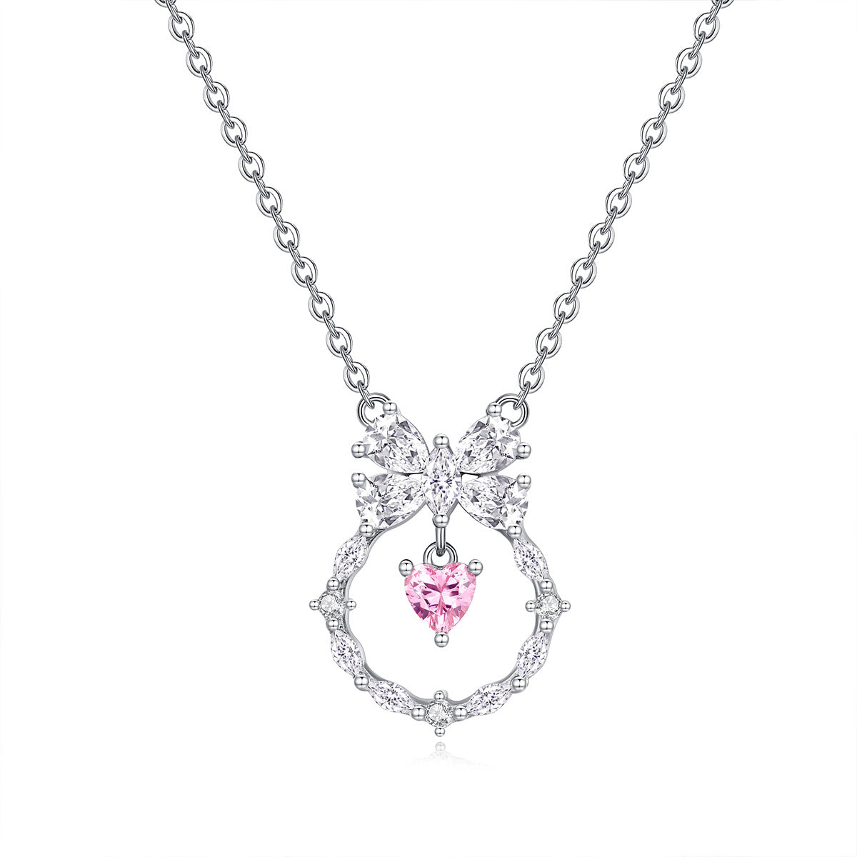 A woman in a pink dress wearing a Maramalive™ Women's Fashionable All-match Sterling Silver Zircon Pendant Necklace.