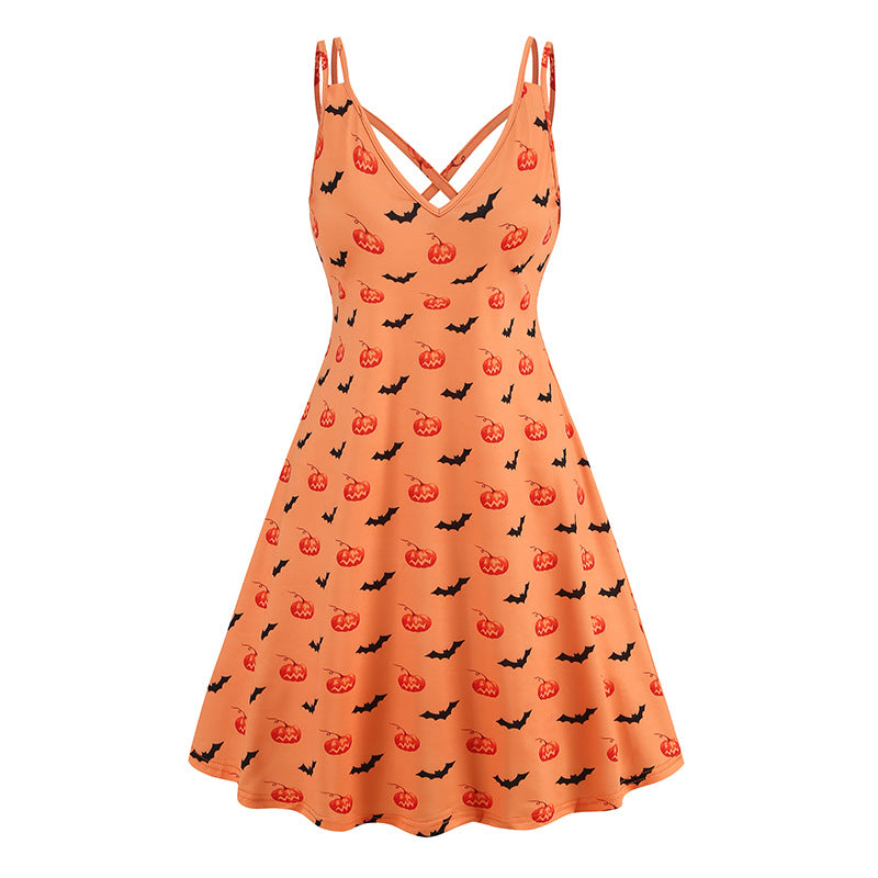A Maramalive™ V-neck Strap Halloween Printed Pumpkin Flowers Bat Gothic Dress with skulls and flowers on it in an art retro style.