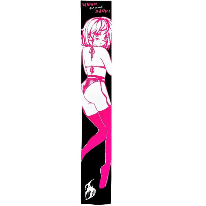 A vertical rectangular artwork depicts a stylized character with short hair, wearing a bikini and long stockings paired with a chic **European And American Scarf Autumn And Winter New Dark Style Fire Element**. The image is in pink and white on a black background with text at the top.
