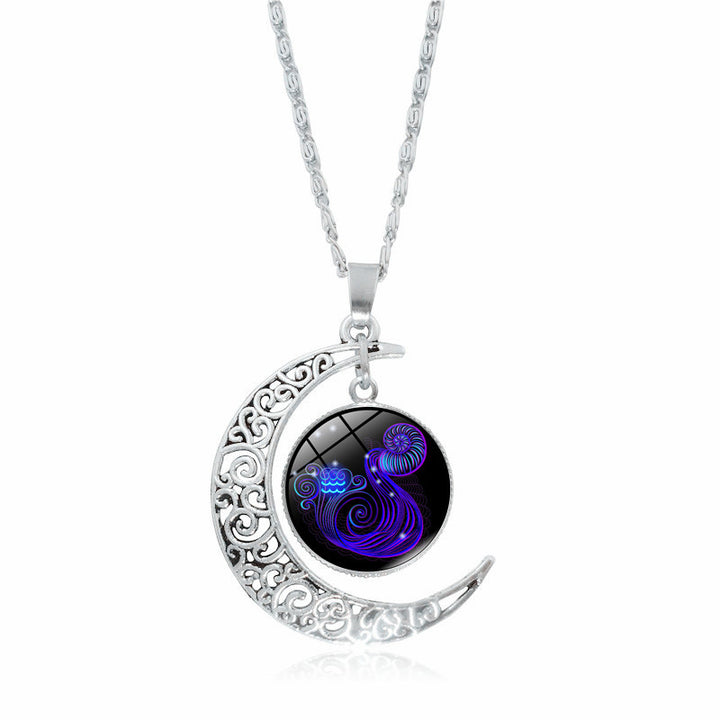 Zodiac Time Stone Moon Glass Pendant | Constellation gem Necklace Aquarius
