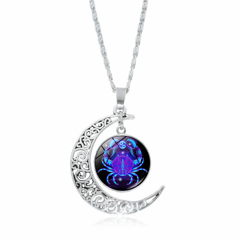 Zodiac Time Stone Moon Glass Pendant | Constellation gem Necklace Cancer