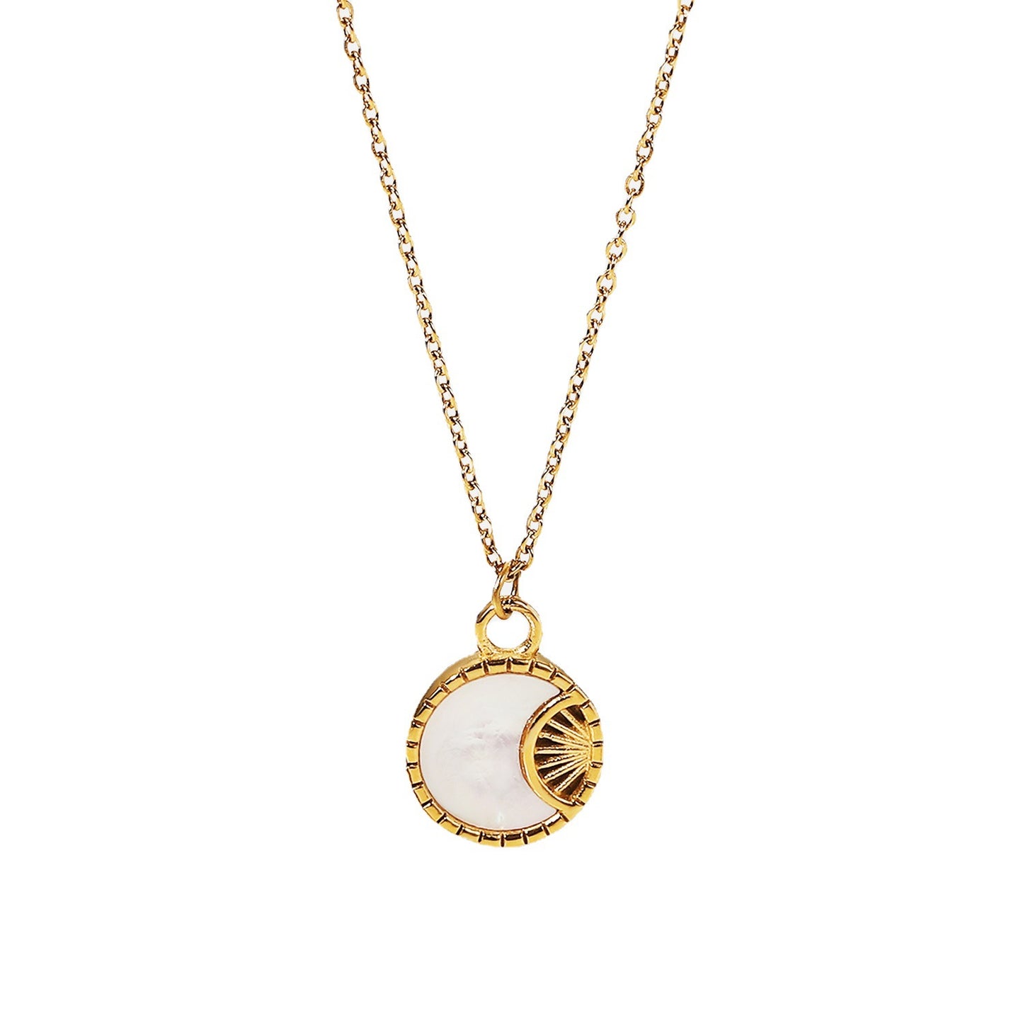 A woman wearing a black shirt with a Maramalive™ Stainless Steel White Shell Moon Necklace Gold-plated Round.