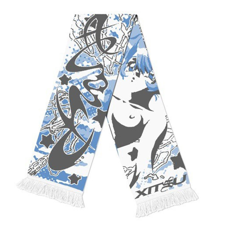 A stylish, keep warm scarf featuring a blue, white, and grey design with a drawing of an anime character and abstract elements. Made from soft viscose fiber, the European And American Scarf Autumn And Winter New Dark Style Fire Element by Maramalive™ also boasts fringe on both ends for added flair.