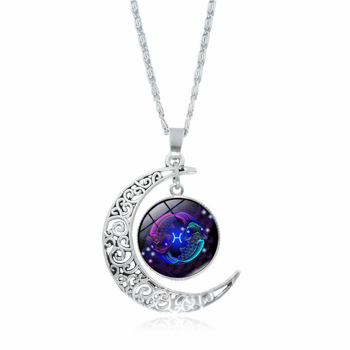 Zodiac Time Stone Moon Glass Pendant | Constellation gem Necklace Pices