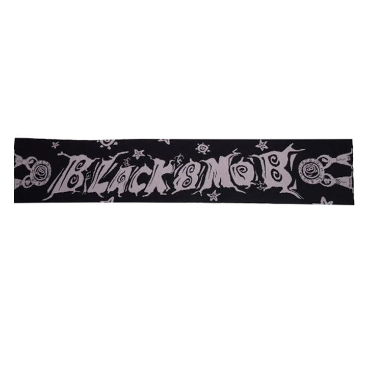 A black rectangular banner with white gothic text displaying the word "Maramalive™ European And American Scarf Autumn And Winter New Dark Style Fire Element" along with small intricate designs scattered around the text, reminiscent of a stylish winter accessory to complement your keep warm scarf.